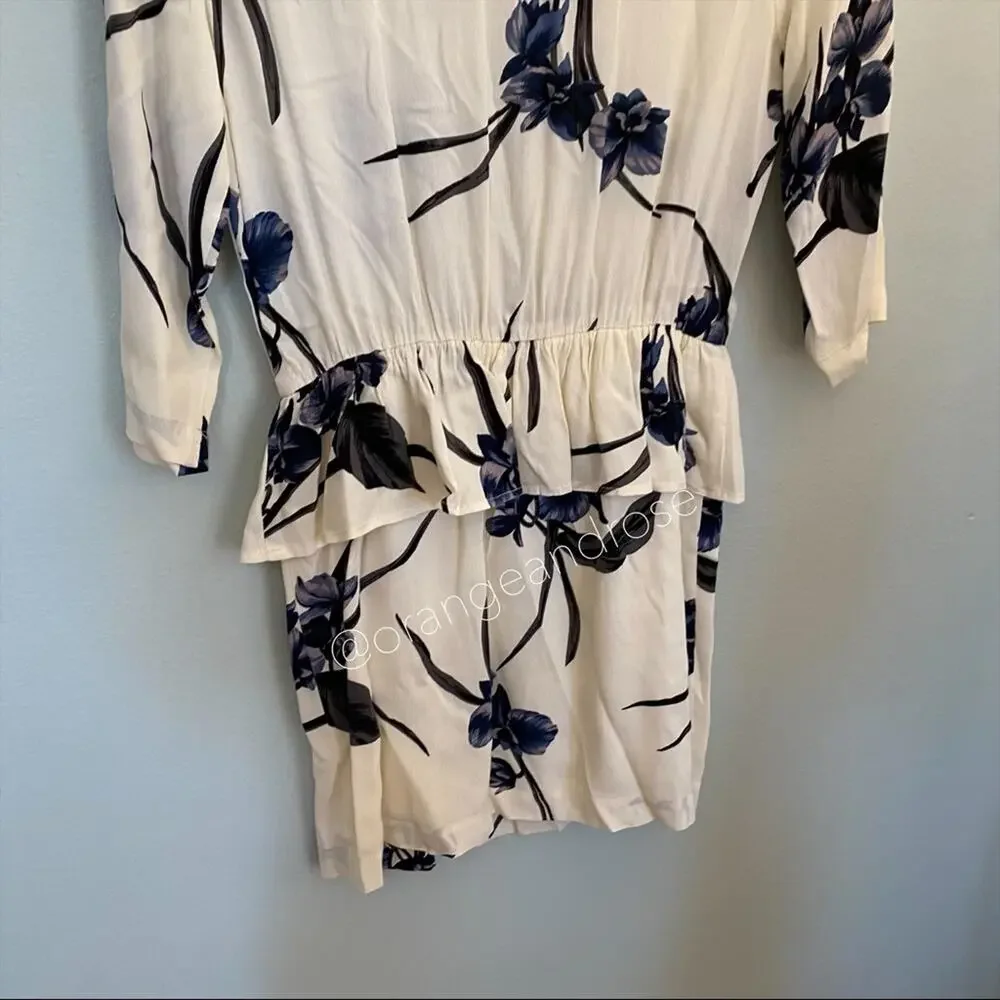 GANNI Ivory Flash Dark Floral Pleated Front High Neck Elbow Length Mini Dress XS